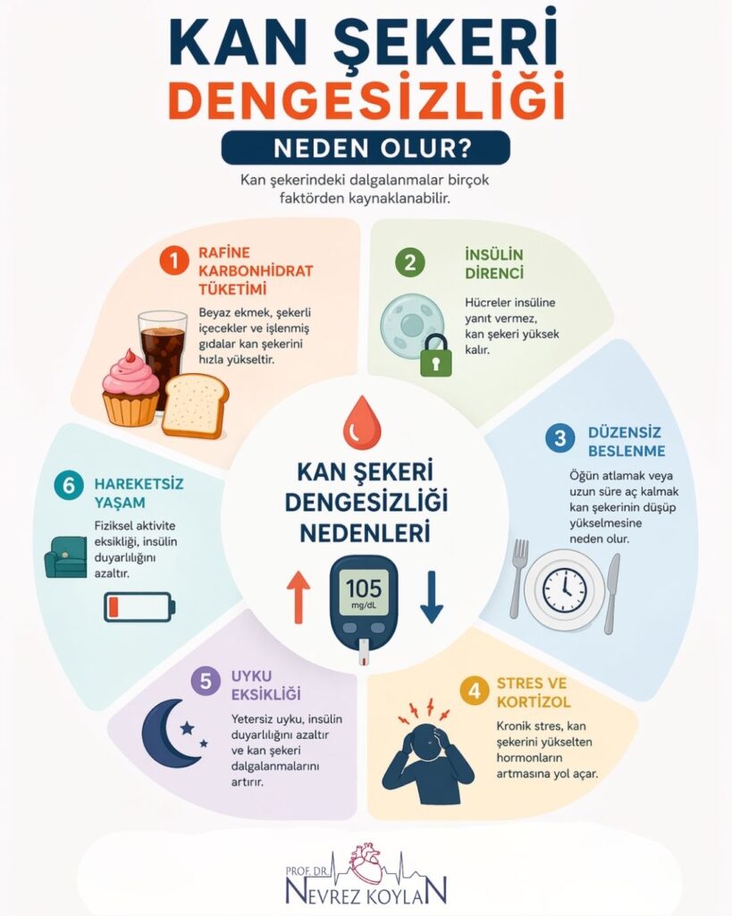 Kan şekeri dengesizliğinin nedenlerini gösteren infografik; rafine karbonhidrat tüketimi, insülin direnci, düzensiz beslenme, stres, uyku eksikliği ve hareketsiz yaşam gibi faktörleri simgeleyen ikonlar ve açıklamalar içeren sade tasarım.