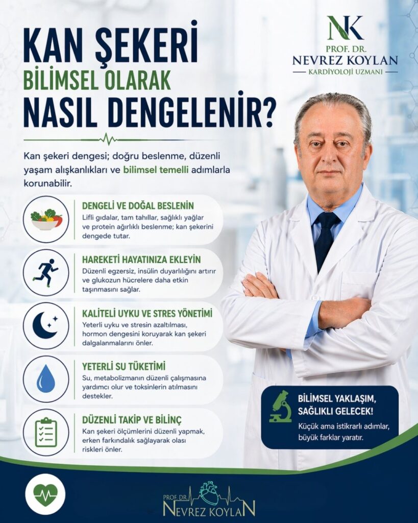 Kan şekerinin bilimsel olarak nasıl dengeleneceğini anlatan infografik; düşük glisemik indeksli beslenme, protein ve lif dengesi, düzenli egzersiz, yeterli uyku ve stres yönetimi gibi yaşam tarzı önerilerini ikonlar ve kısa açıklamalarla sunan sade tasarım.