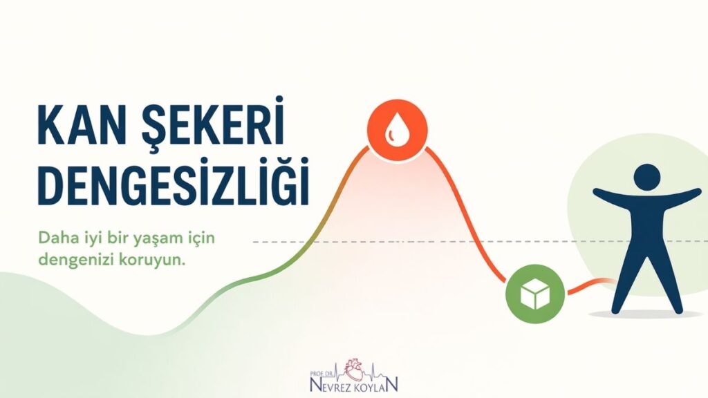 Kan şekeri dengesizliğini temsil eden minimalist infografik; dalgalı glukoz grafiği, enerji düşüşü ve yükselişini simgeleyen ikonlar ile sağlıklı yaşamı temsil eden figürler içeren sade tasarım.