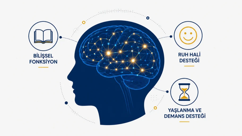 Omega-3 ile beyin sağlığı arasındaki ilişkiyi gösteren, bilişsel fonksiyon, ruh hali ve yaşlanma temalarını içeren beyin infografiği