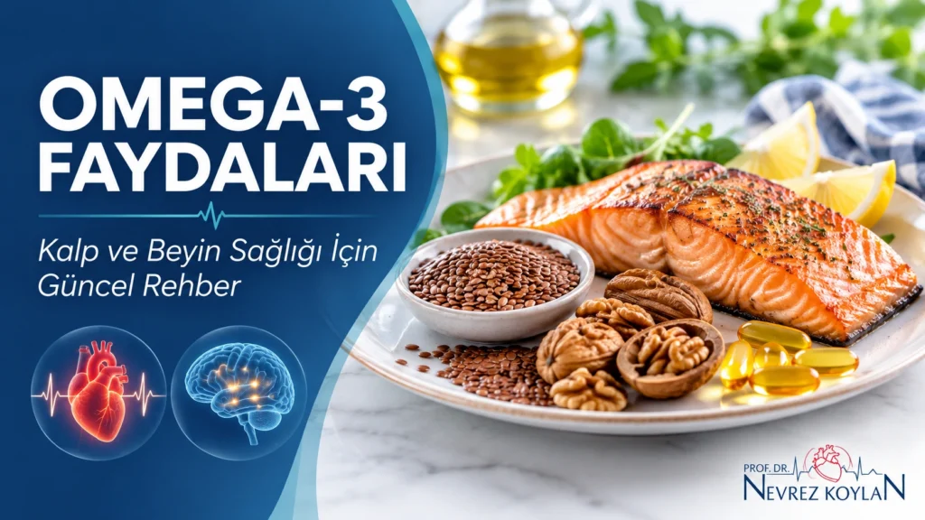 Omega-3 faydalarını ve kalp ve beyin sağlığıyla ilişkisini anlatan, somon, keten tohumu, ceviz ve omega-3 kapsülleri içeren sağlık blogu kapak görseli