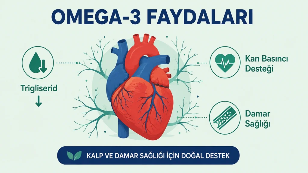 Omega-3 faydalarını gösteren, trigliserid düşüşü, kan basıncı desteği ve damar sağlığını vurgulayan kalp infografiği