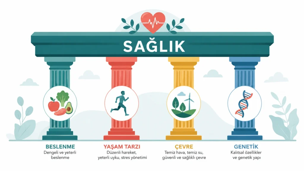 Sağlığın dört temel belirleyicisini beslenme, yaşam tarzı, çevre ve genetik başlıkları altında sütunlarla gösteren minimalist tıbbi infografik