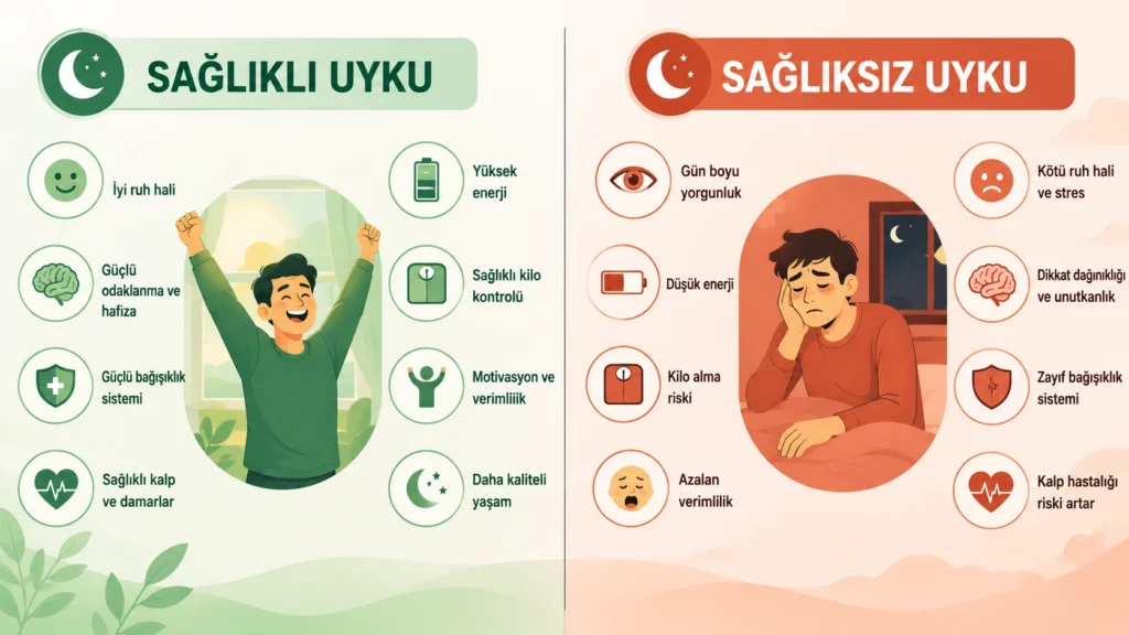Sağlıklı uyku ve sağlıksız uyku belirtilerinin karşılaştırmalı infografiği
