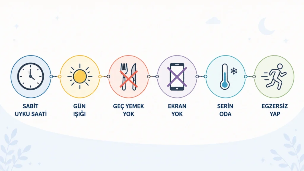 Sağlıklı uyku için önerilen alışkanlıkları gösteren adım adım infografik: sabit saat, gün ışığı, ekran kullanımı, oda sıcaklığı, egzersiz