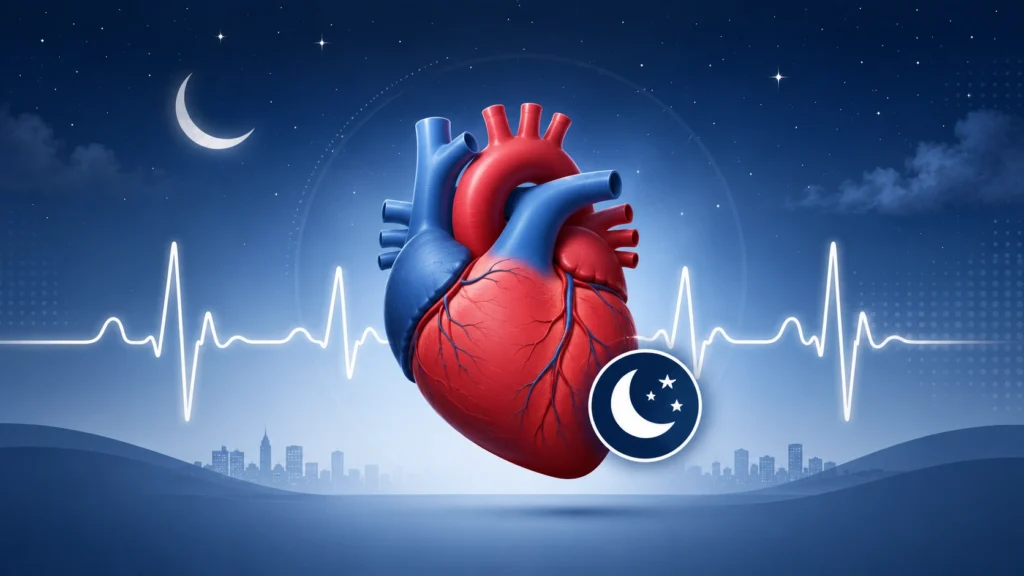 Uyku bozukluğu ve kalp damar hastalıkları riski arasındaki ilişkiyi gösteren kalp ve EKG temalı görsel