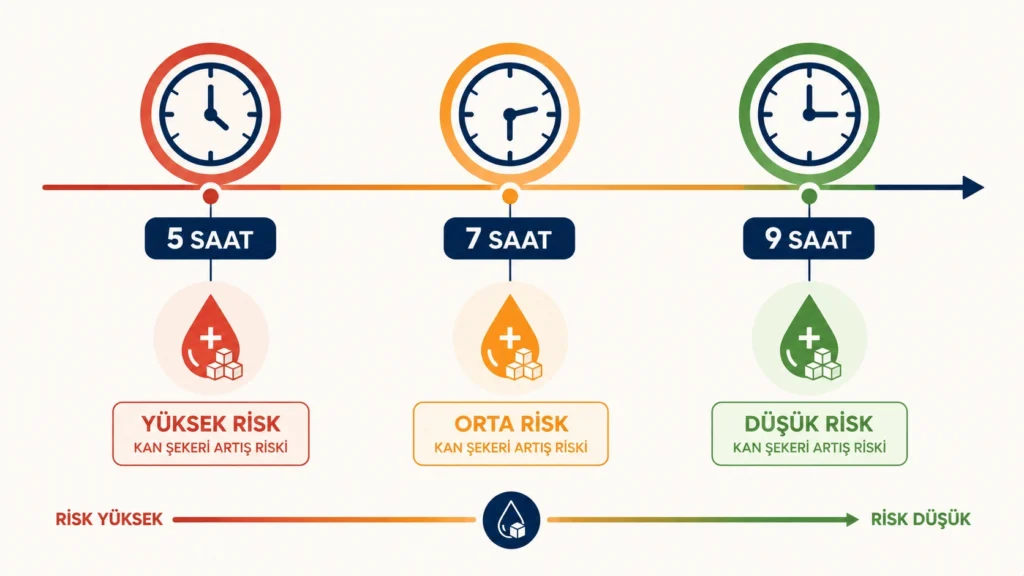 Uyku süresi ile tip 2 diyabet riski arasındaki U şeklindeki ilişkiyi gösteren infografik tarzı görsel