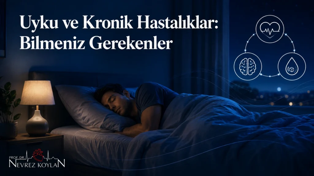 Uyku ve kronik hastalıklar arasındaki ilişkiyi anlatan kapak görseli, huzurlu uyuyan bir kişi ve kalp/beyin/metabolizma ikonları