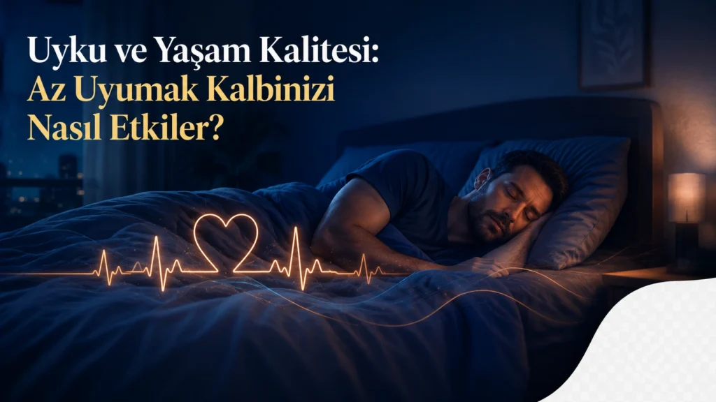 Uyku ve yaşam kalitesi ilişkisini gösteren, huzurlu uyuyan bir yetişkin ve kalp atışı grafiği temalı kapak görseli