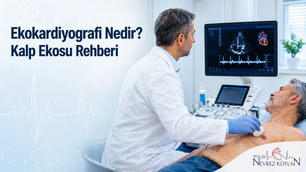 Ekokardiyografi nedir başlıklı kalp ultrasonu kapak görseli, kalp taraması yapan kardiyolog illüstrasyonu