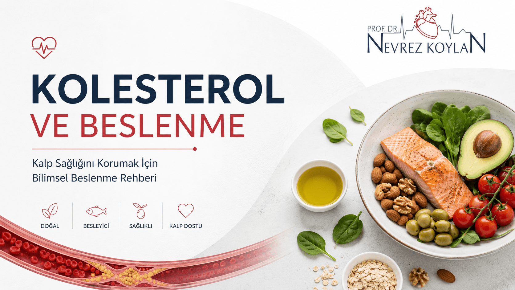Kolesterol kontrolü için sağlıklı beslenme, düzenli egzersiz, sigarayı bırakma ve kaliteli uyku önerilerini içeren kalp sağlığı infografiği.
