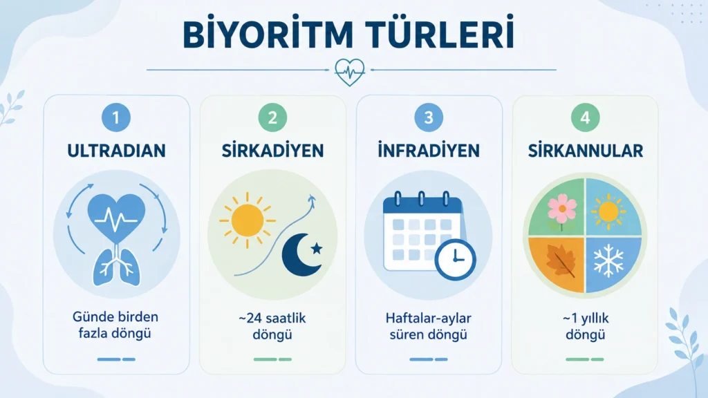 Ultradian, sirkadiyen, infradiyen ve sirkannular biyolojik ritim türleri şeması