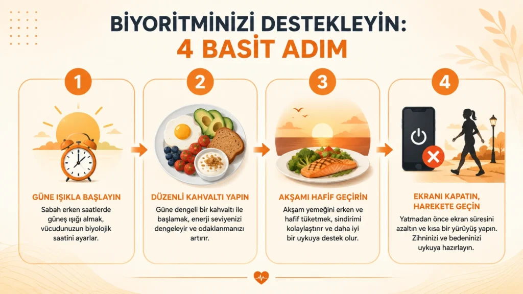 Biyoritmi düzeltmek için 4 adımlık pratik rehber infografiği
