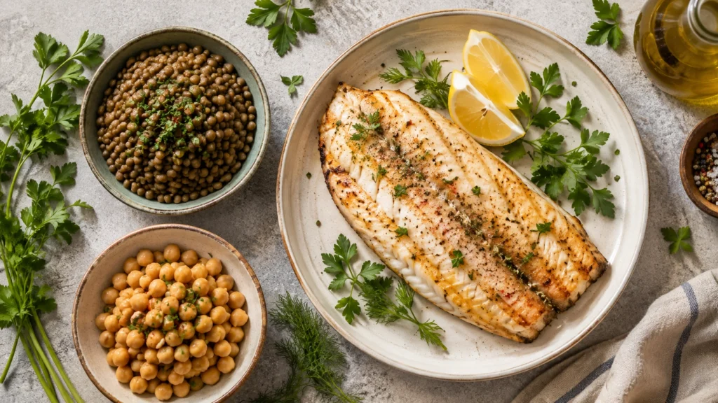 Dengeli beslenmede protein kaynakları: ızgara balık, mercimek ve nohut gibi baklagiller