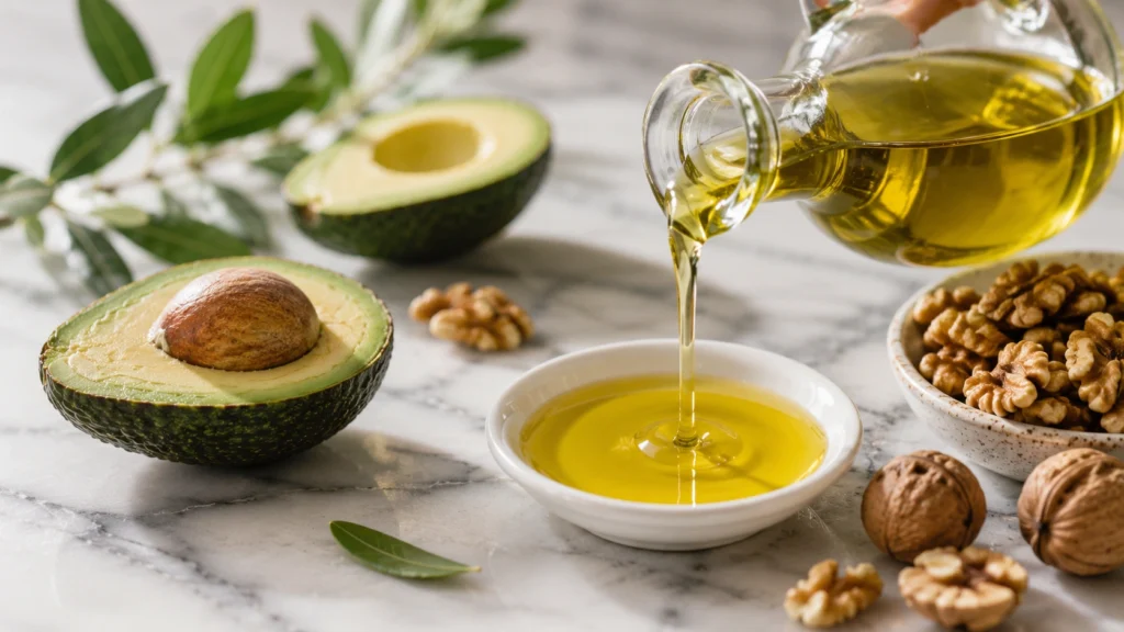 Zeytinyağı şişesi ve sağlıklı doymamış yağ kaynakları avokado ve ceviz