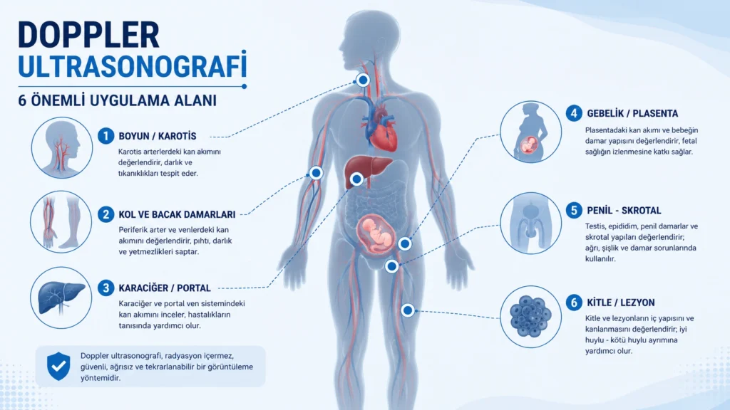 Doppler ultrasonografinin vücutta kullanıldığı alanları gösteren infografik