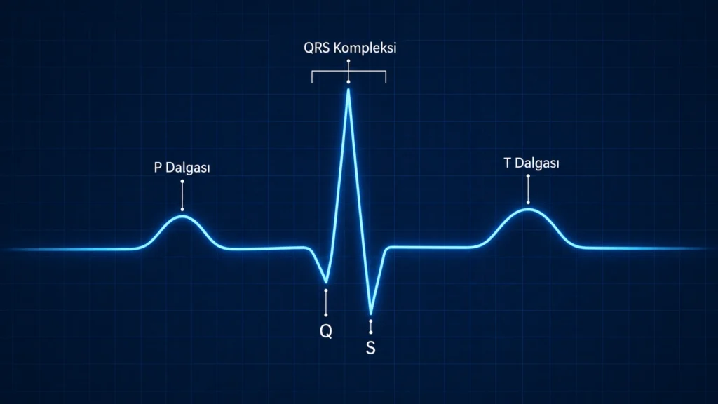 EKG cihazında P, QRS ve T dalgalarını gösteren elektrokardiyografi çizimi