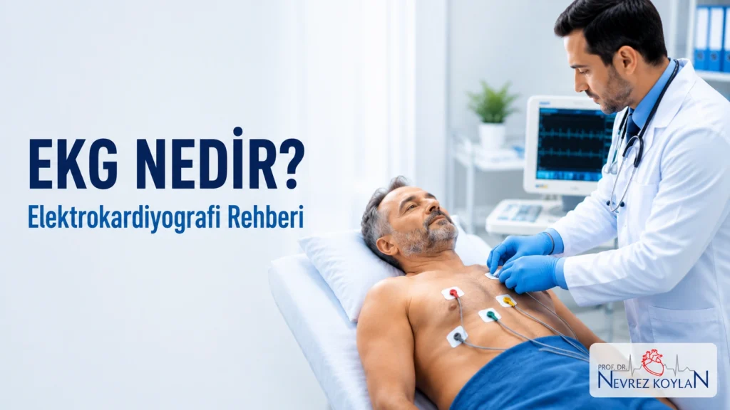 EKG nedir sorusunu anlatan kapak görseli — elektrokardiyografi çekimi yapan kardiyolog