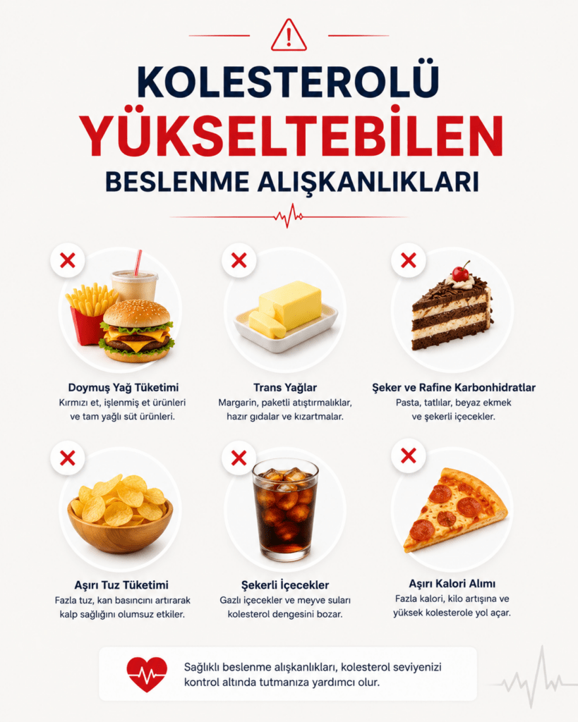 Yüksek kolesterole neden olabilen fast food, trans yağlar, rafine karbonhidratlar, şekerli içecekler ve aşırı kalori tüketimini gösteren kalp sağlığı infografiği.
