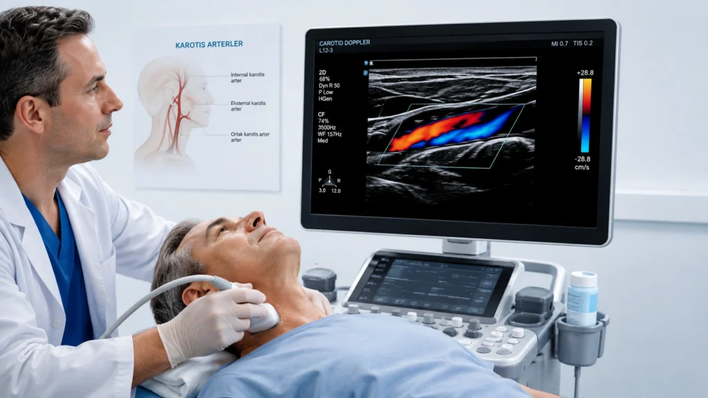 Boyun karotis arterinde renkli Doppler ultrasonografi görüntüsü