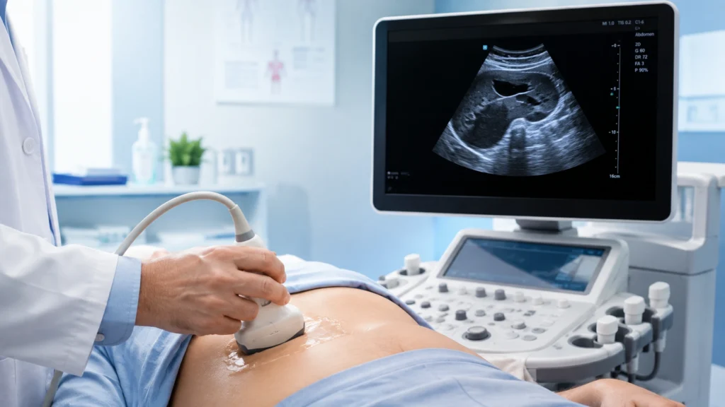 Ultrasonografi işlemi sırasında transduser probunun cilde uygulanması