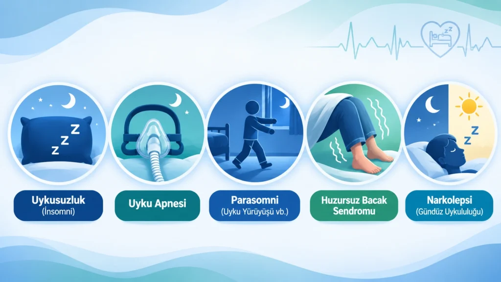Uykusuzluk, uyku apnesi, parasomni, huzursuz bacak sendromu ve narkolepsi türlerini gösteren infografik
