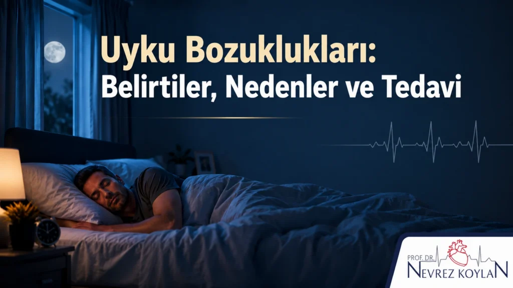 Uyku bozuklukları belirtileri ve kalp sağlığı ilişkisini gösteren kapak görseli