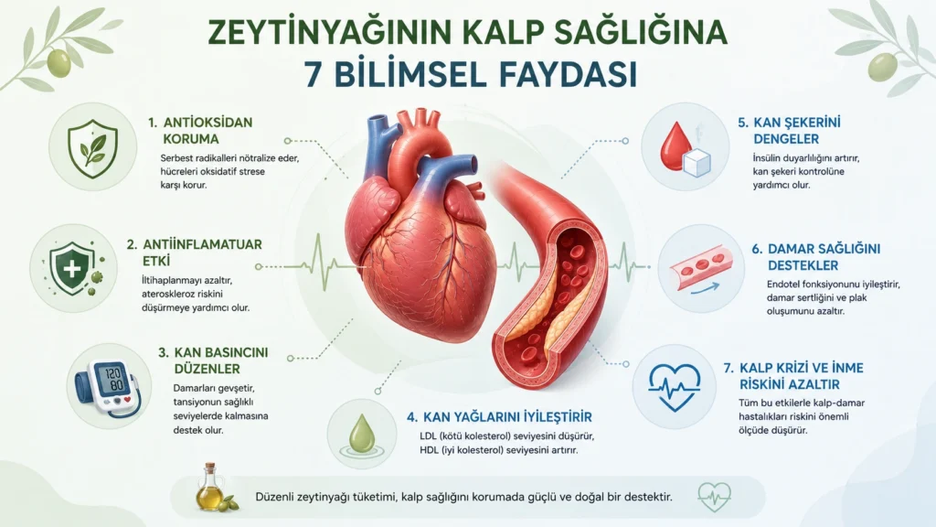 Zeytinyağının kalp damar sağlığını koruyan mekanizmaları infografik