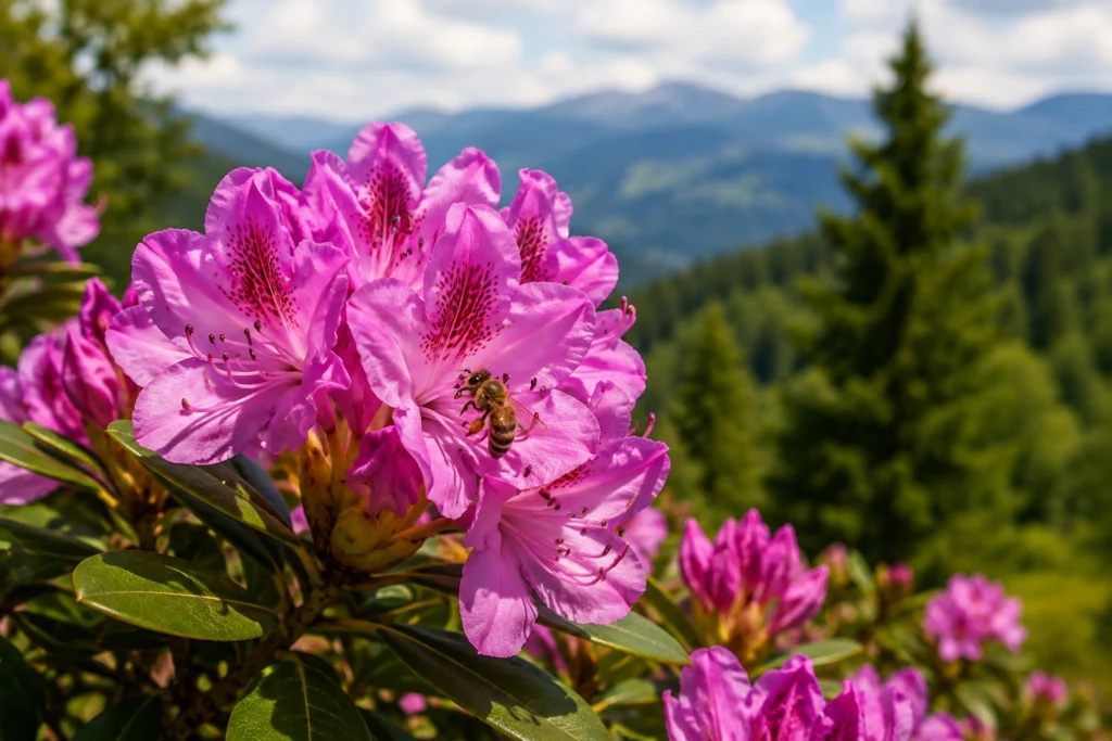 Grayanotoksin içeren orman gülü (rhododendron) çiçeği ve bal arısı