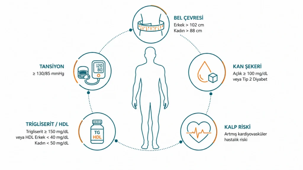 Metabolik sendrom tanı kriterleri: bel çevresi, tansiyon, kan şekeri ve kan yağları infografiği