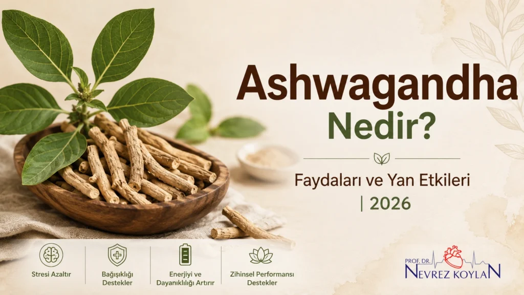 Ashwagandha kökü illüstrasyonu ile kalp sağlığı ve stres yönetimi blog yazısı kapak görseli