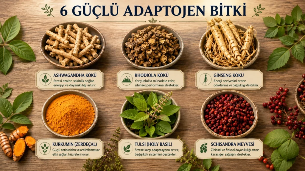Ashwagandha, rhodiola ve diğer adaptojen bitkilerin görsel karşılaştırması