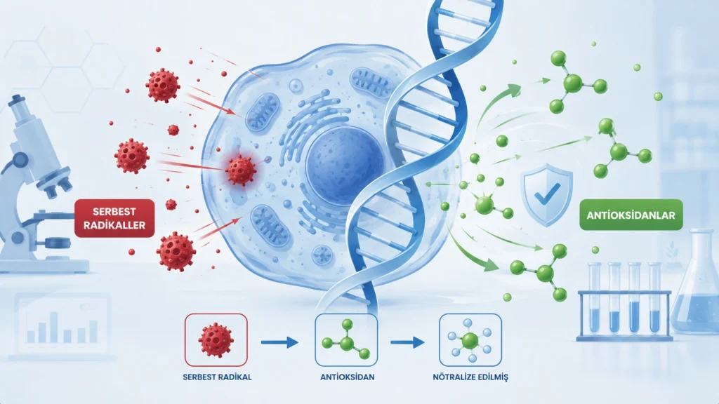 Biyolojik yaşlanma sürecinde hücre ve DNA hasarını gösteren bilimsel illüstrasyon