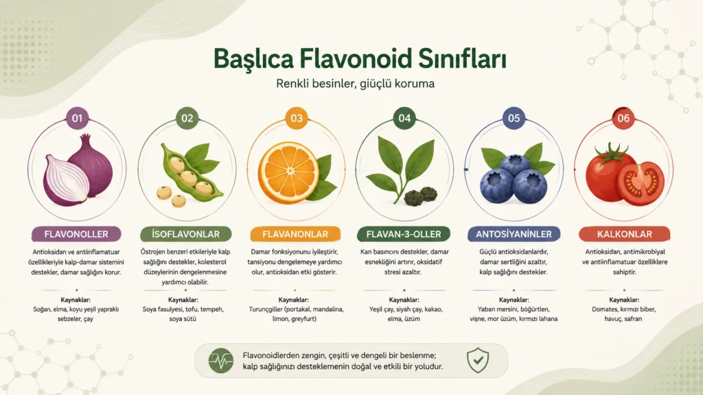 Altı ana flavonoid grubu ve bulundukları besin kaynaklarını gösteren infografik