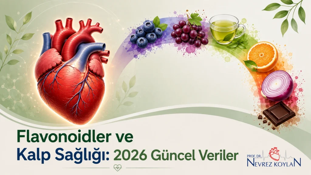 Flavonoidler ve kalp sağlığı ilişkisini gösteren kapak görseli — kalp ve flavonoid içeren renkli besinler
