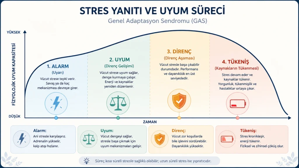 Genel adaptasyon sendromu aşamaları — alarm, uyum, direnç, tükeniş dönemleri diyagramı