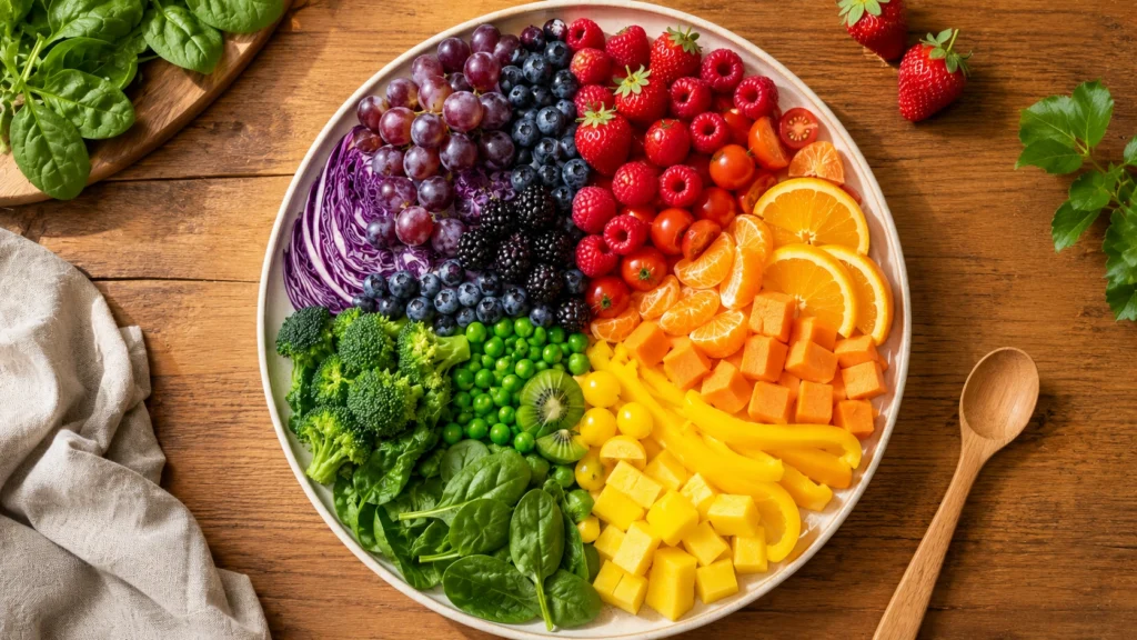 Gökkuşağı beslenmesi prensibiyle çeşitli flavonoid kaynağı meyve ve sebzelerden oluşan tabak