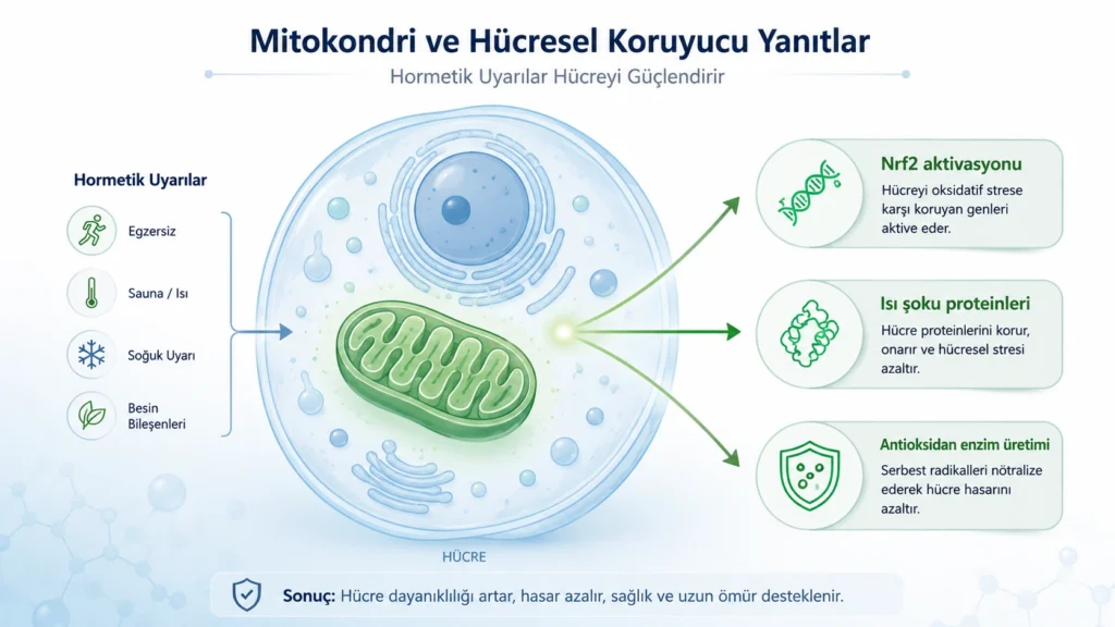 Mitohormesis ve Nrf2 yolunun hücresel mekanizmasını gösteren şematik görsel