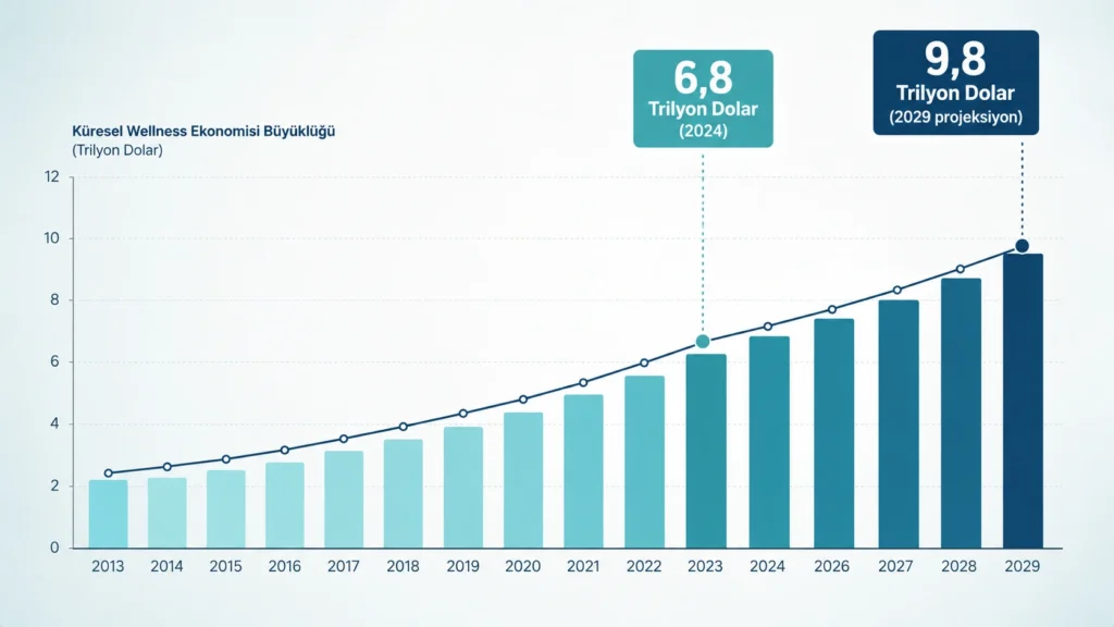 2025 küresel wellness ekonomisi büyüme grafiği, 6.8 trilyon dolardan 9.8 trilyon dolara projeksiyon