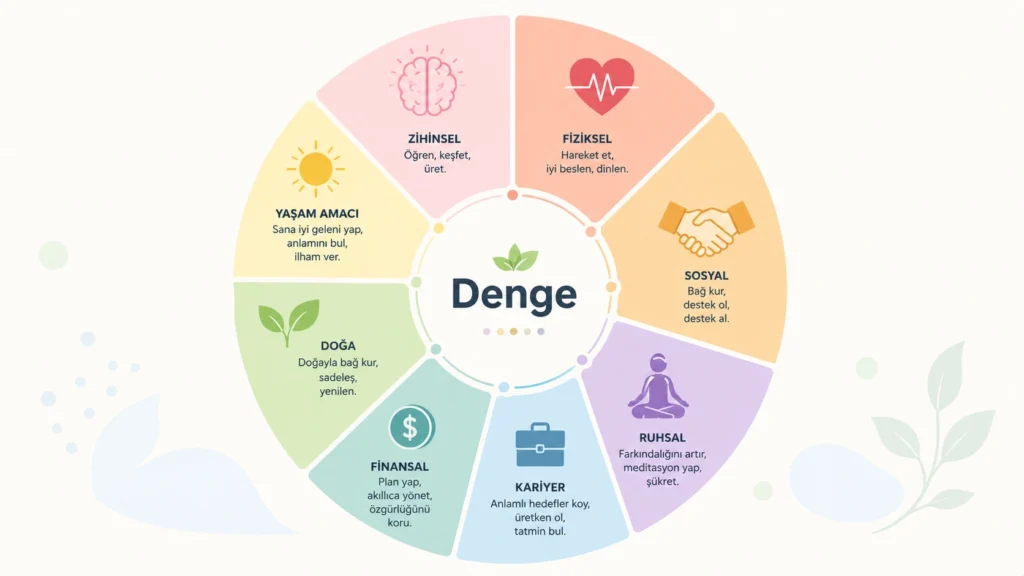 Wellness'in sekiz boyutunu gösteren dengeli yaşam çarkı illüstrasyonu