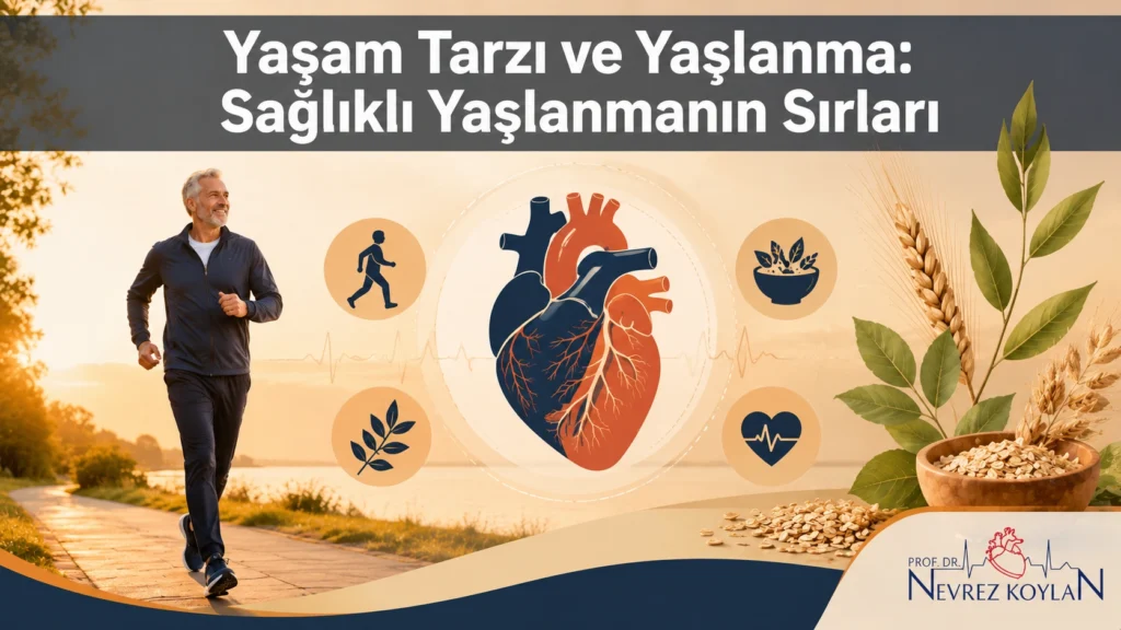 Yaşam tarzı ve yaşlanma ilişkisini gösteren kalp sağlığı temalı kapak görseli