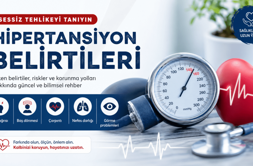 Hipertansiyon farkındalığını anlatan modern bir sağlık infografiği: büyük puntolarla “Hipertansiyon Belirtileri” başlığı, yanında tansiyon aleti, kalp modeli ve stetoskop; sol tarafta baş ağrısı, baş dönmesi, çarpıntı, nefes darlığı ve görme problemleri ikonlarla listelenmiş, kırmızı ve lacivert tonlarda tasarlanmış bilgilendirici kapak görseli.
