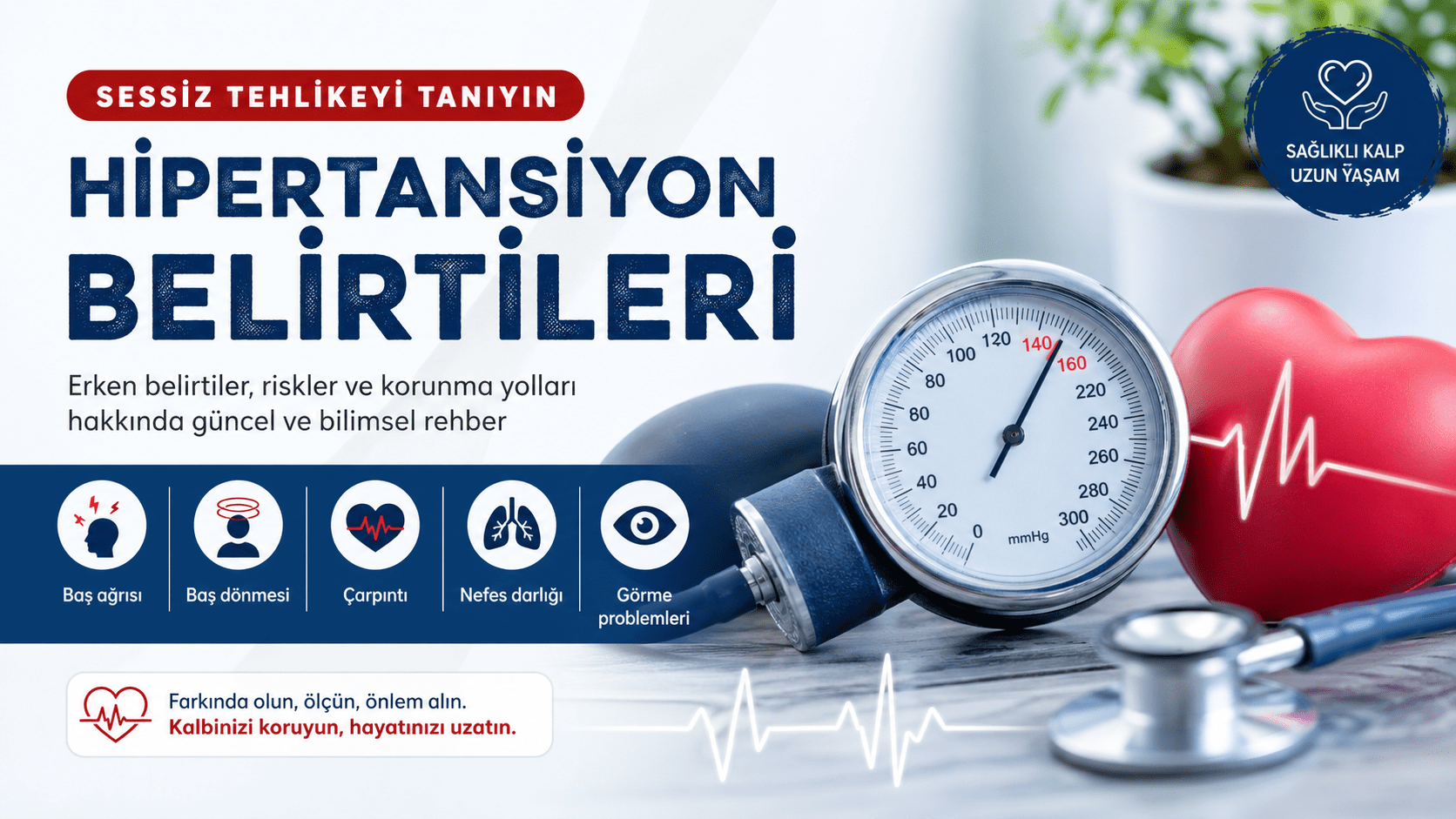 Hipertansiyon farkındalığını anlatan modern bir sağlık infografiği: büyük puntolarla “Hipertansiyon Belirtileri” başlığı, yanında tansiyon aleti, kalp modeli ve stetoskop; sol tarafta baş ağrısı, baş dönmesi, çarpıntı, nefes darlığı ve görme problemleri ikonlarla listelenmiş, kırmızı ve lacivert tonlarda tasarlanmış bilgilendirici kapak görseli.