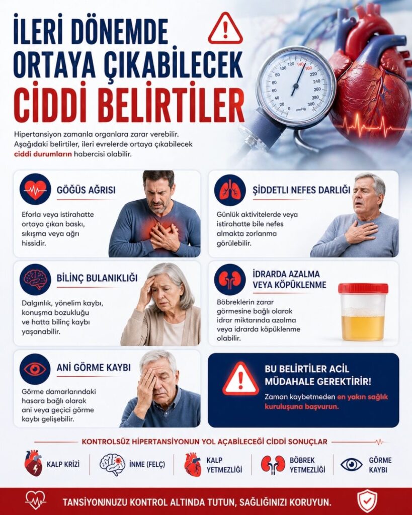 Hipertansiyonun ileri evrelerinde görülebilecek ciddi belirtileri anlatan uyarı temalı tıbbi infografik: üstte “İleri Dönemde Ortaya Çıkabilecek Ciddi Belirtiler” başlığı, yanında tansiyon aleti ve anatomik kalp görseli; alt bölümlerde göğüs ağrısı, şiddetli nefes darlığı, bilinç bulanıklığı, idrarda azalma veya köpüklenme ve ani görme kaybı ikonlar ve hasta illüstrasyonlarıyla açıklanmış, kırmızı ve lacivert tonlarda hazırlanmış dikkat çekici bilgilendirme görseli.