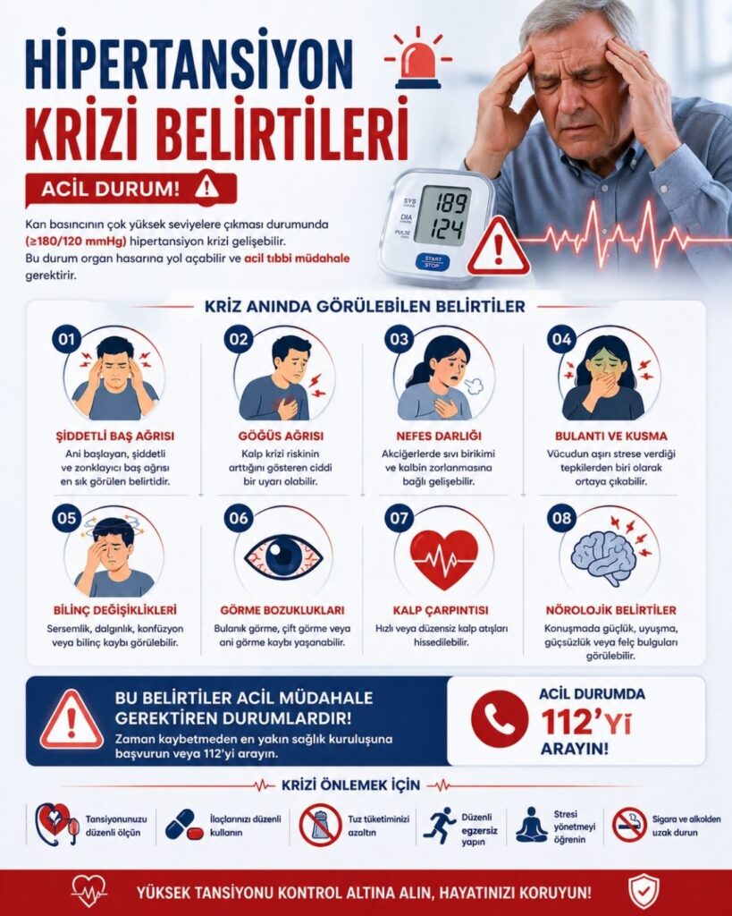 Hipertansiyon krizini anlatan acil durum temalı tıbbi infografik: üstte “Hipertansiyon Krizi Belirtileri” ve “Acil Durum” uyarısı, yanında yüksek değer gösteren tansiyon ölçüm cihazı ve başını tutan hasta görseli; alt bölümde şiddetli baş ağrısı, göğüs ağrısı, nefes darlığı, bulantı-kusma, bilinç değişiklikleri, görme bozuklukları, çarpıntı ve nörolojik belirtiler ikon ve illüstrasyonlarla açıklanmış, kırmızı ve lacivert tonlarda hazırlanmış dikkat çekici sağlık görseli.