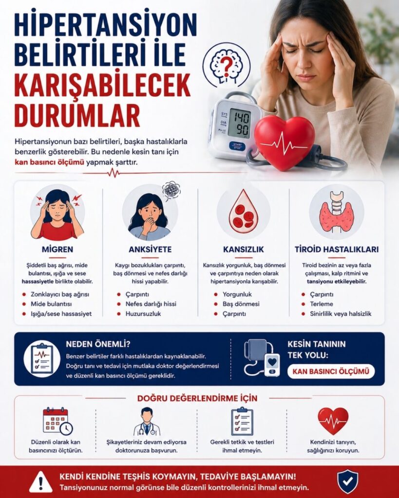 Hipertansiyon belirtileriyle karışabilecek durumları açıklayan modern tıbbi infografik: üstte “Hipertansiyon Belirtileri ile Karışabilecek Durumlar” başlığı, yanında tansiyon aleti ve kalp simgesi; alt bölümde migren, anksiyete, kansızlık ve tiroid hastalıkları ikon ve illüstrasyonlarla gösterilmiş, benzer şikayetlerin (baş ağrısı, baş dönmesi, çarpıntı) vurgulandığı, doğru tanı için tansiyon ölçümünün önemini belirten kırmızı ve lacivert tonlarda hazırlanmış bilgilendirici görsel.