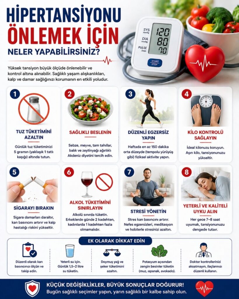 Hipertansiyonu önlemeye yönelik önerileri anlatan modern sağlık infografiği: üstte “Hipertansiyonu Önlemek İçin Neler Yapabilirsiniz?” başlığı, yanında kalp ve tansiyon ölçüm cihazı görseli; alt bölümde tuz tüketimini azaltma, düzenli egzersiz yapma, sağlıklı beslenme, kilo kontrolü sağlama ve sigarayı bırakma önerileri ikon ve illüstrasyonlarla açıklanmış, kırmızı ve lacivert tonlarda tasarlanmış bilgilendirici görsel.