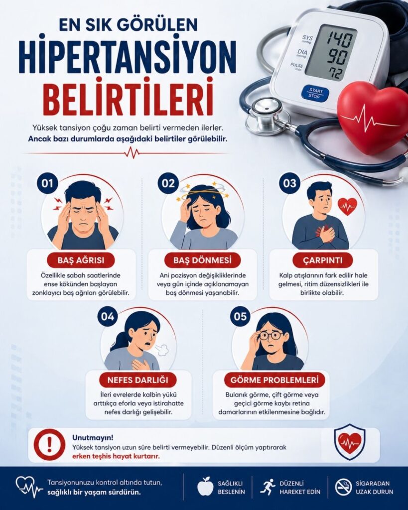 Hipertansiyon belirtilerini anlatan modern bir sağlık infografiği: üstte “En Sık Görülen Hipertansiyon Belirtileri” başlığı, yanında dijital tansiyon aleti ve kalp görseli; altında baş ağrısı, baş dönmesi, çarpıntı, nefes darlığı ve görme problemleri ikon ve illüstrasyonlarla açıklanmış, kırmızı ve lacivert tonlarda düzenlenmiş bilgilendirici görsel.