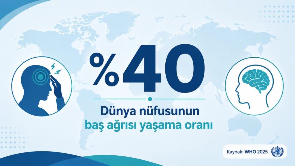 WHO 2025 verilerine göre dünyada baş ağrısı yaygınlığını gösteren infografik