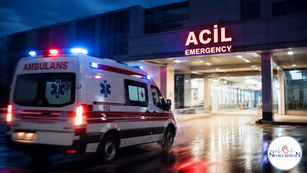 Şiddetli göğüs ağrısında hastaneye ulaşan bir ambulans görseli